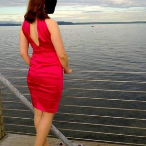 Fuchsia Satin Bodycon Halter Ruched Dress with Gold Omega Chain collar necklace